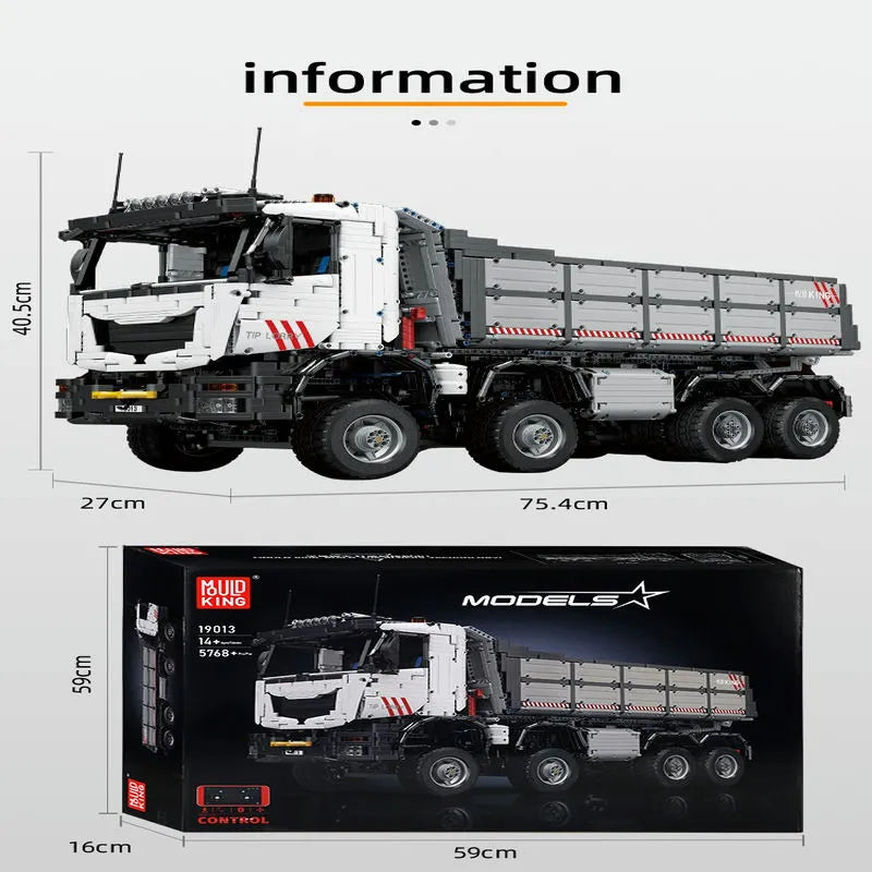 Mould King MOC Motorized Building Block Set: 19013 APP Heavy RC Pneumatic Dump Truck, Model K19013