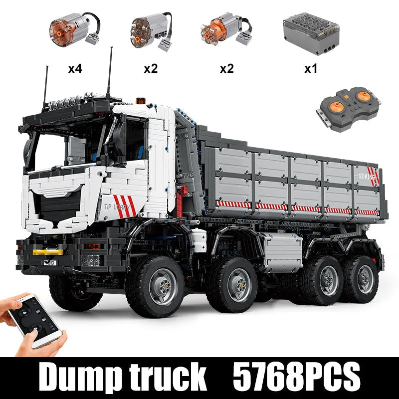 Mould King MOC Motorized Building Block Set: 19013 APP Heavy RC Pneumatic Dump Truck, Model K19013