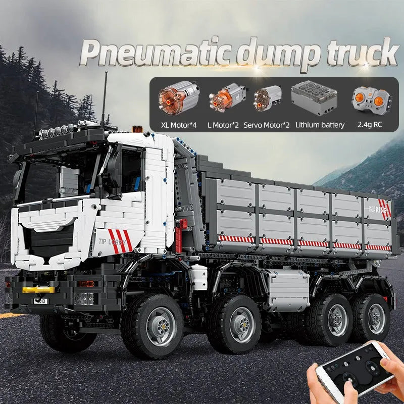 Mould King MOC Motorized Building Block Set: 19013 APP Heavy RC Pneumatic Dump Truck, Model K19013