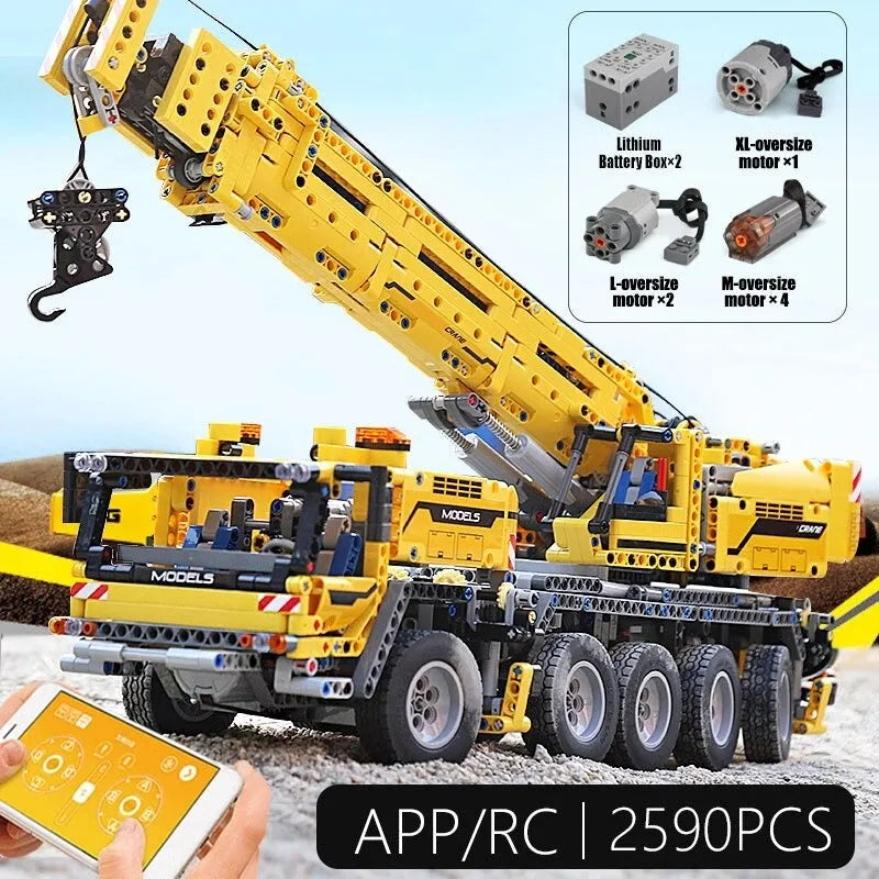 Mould King MOC Building Block Set: APP Motorized RC Heavy Mobile Lift Crane Truck, Model K13107