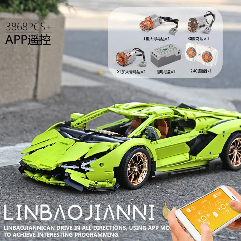 Mould King MOC Motorized Building Block Set: APP RC Lamborghini Hyper Racing Car 13057, Model 13057PF