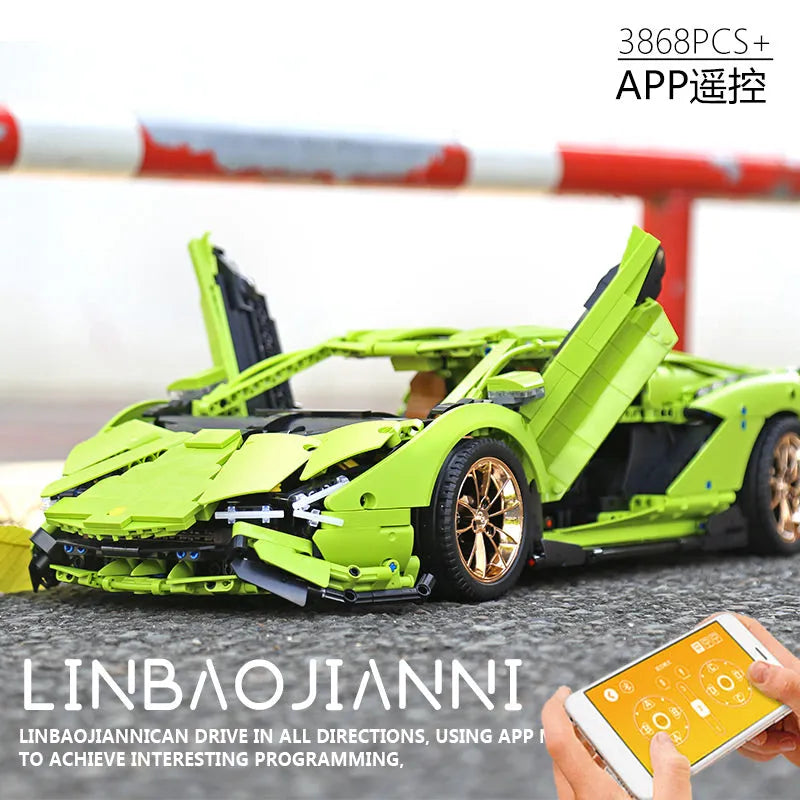 Mould King MOC Motorized Building Block Set: APP RC Lamborghini Hyper Racing Car 13057, Model 13057PF