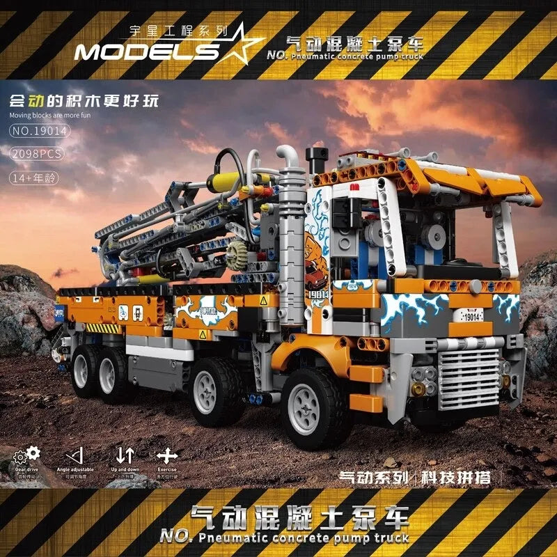 Mould King MOC Motorized Building Block Set: Heavy-Duty Pneumatic Concrete Pump Truck, Model K19014