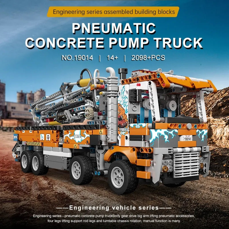 Mould King MOC Motorized Building Block Set: Heavy-Duty Pneumatic Concrete Pump Truck, Model K19014