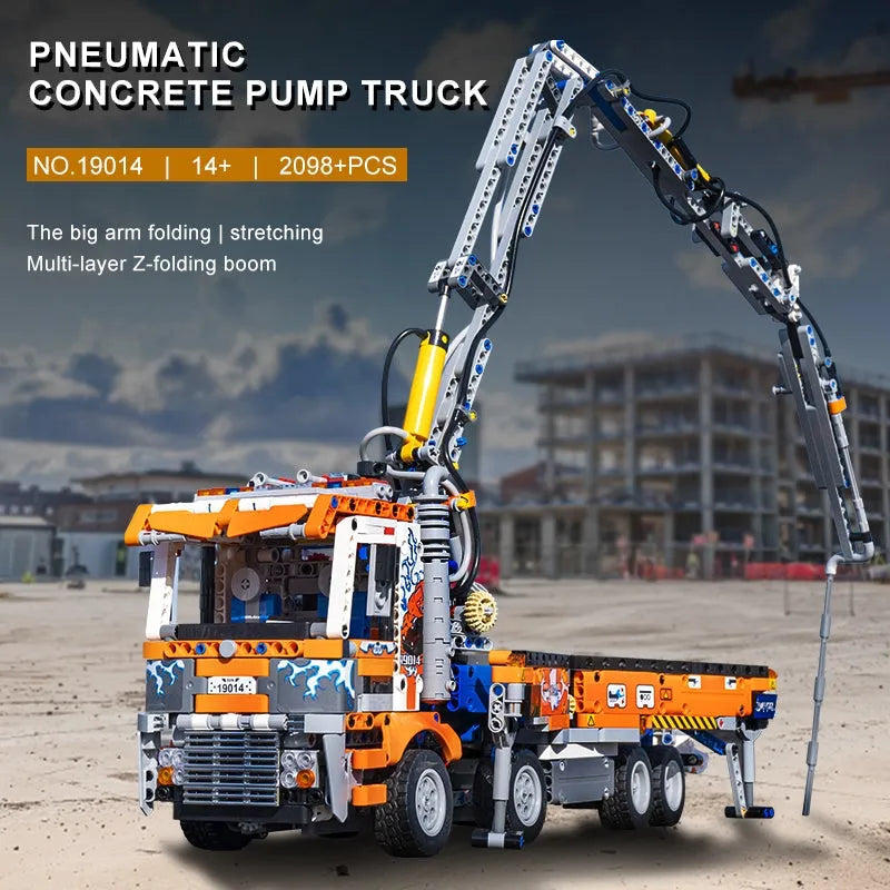 Mould King MOC Motorized Building Block Set: Heavy-Duty Pneumatic Concrete Pump Truck, Model K19014