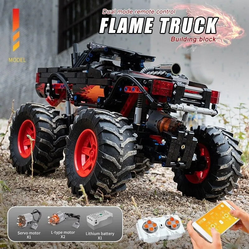 Mould King MOC Motorized Building Block Set: 18008 RC Flame Monster Climbing Truck, Model K18008