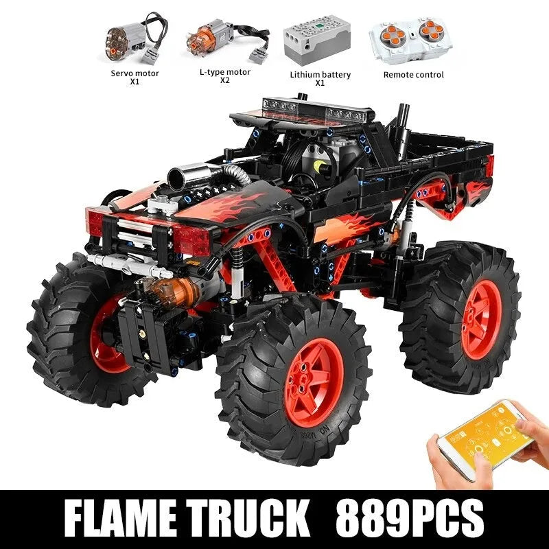 Mould King MOC Motorized Building Block Set: 18008 RC Flame Monster Climbing Truck, Model K18008