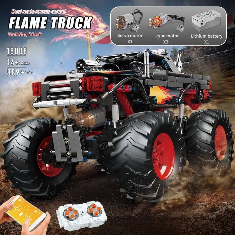 Mould King MOC Motorized Building Block Set: 18008 RC Flame Monster Climbing Truck, Model K18008