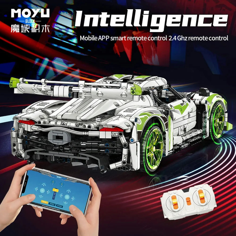 MOYU MOC Motorized Building Block Set: Asphalt Drag Racing Sports Car 88023, Model MY88023