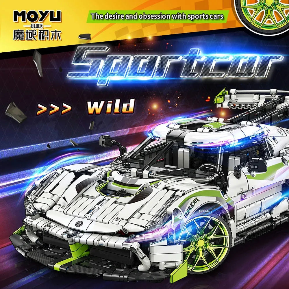 MOYU MOC Motorized Building Block Set: Asphalt Drag Racing Sports Car 88023, Model MY88023