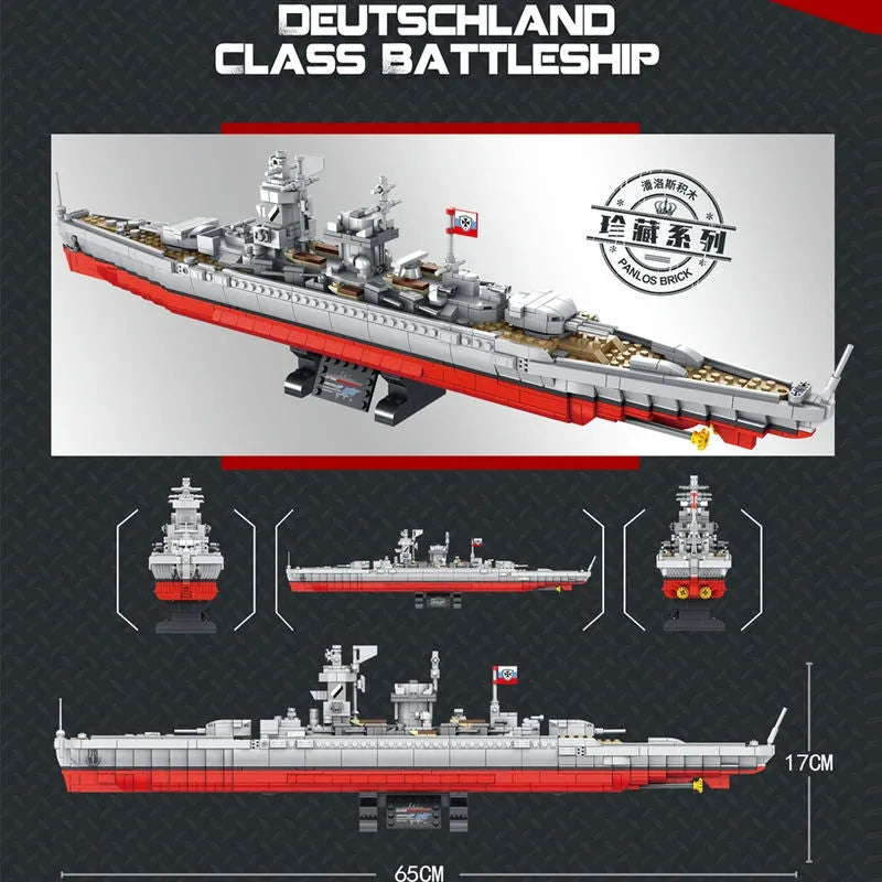 Panlos MOC Building Block Set: WW2 German Battleship Warship Kids, Model 637002