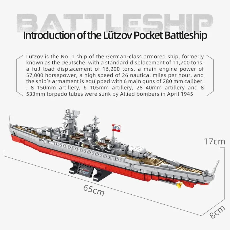 Panlos MOC Building Block Set: WW2 German Battleship Warship Kids, Model 637002