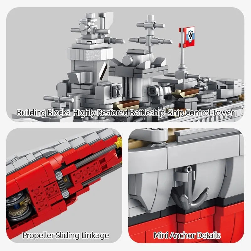 Panlos MOC Building Block Set: WW2 German Battleship Warship Kids, Model 637002
