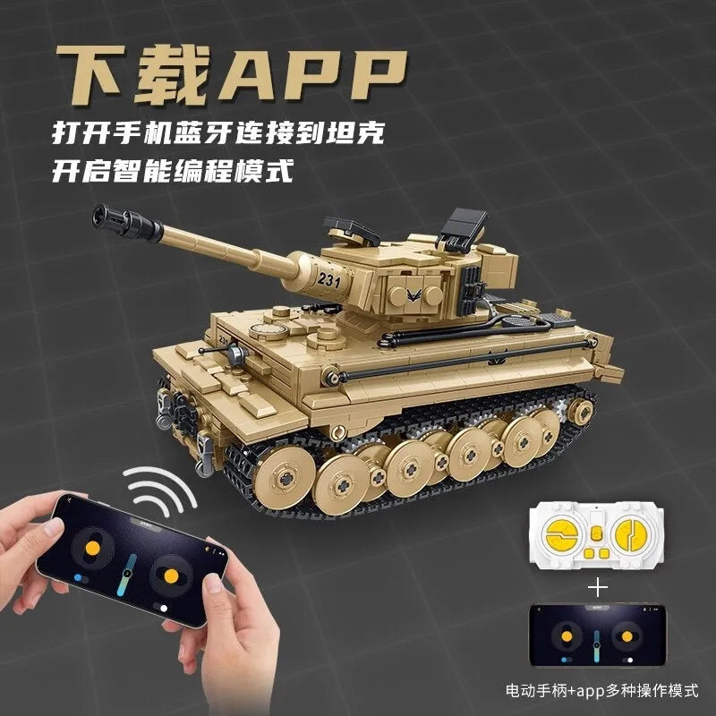 Panlos MOC Building Block Set: WW2 Motorized RC Tiger 1 Heavy Main Battle Tank, Model 676003