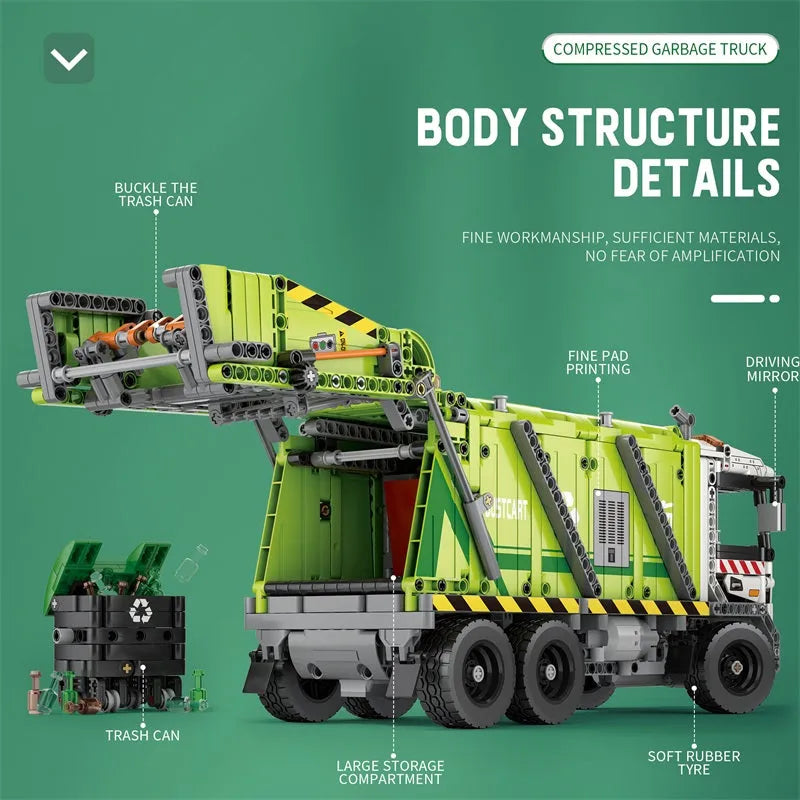 Reobrix MOC Motorized Building Block Set: 22022 RC APP Compressed Garbage Truck, Model RE22022
