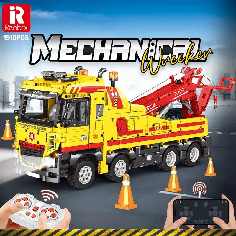 Reobrix MOC Building Block Set: APP Motorized RC Wrecker Truck 22012, Model RE22012