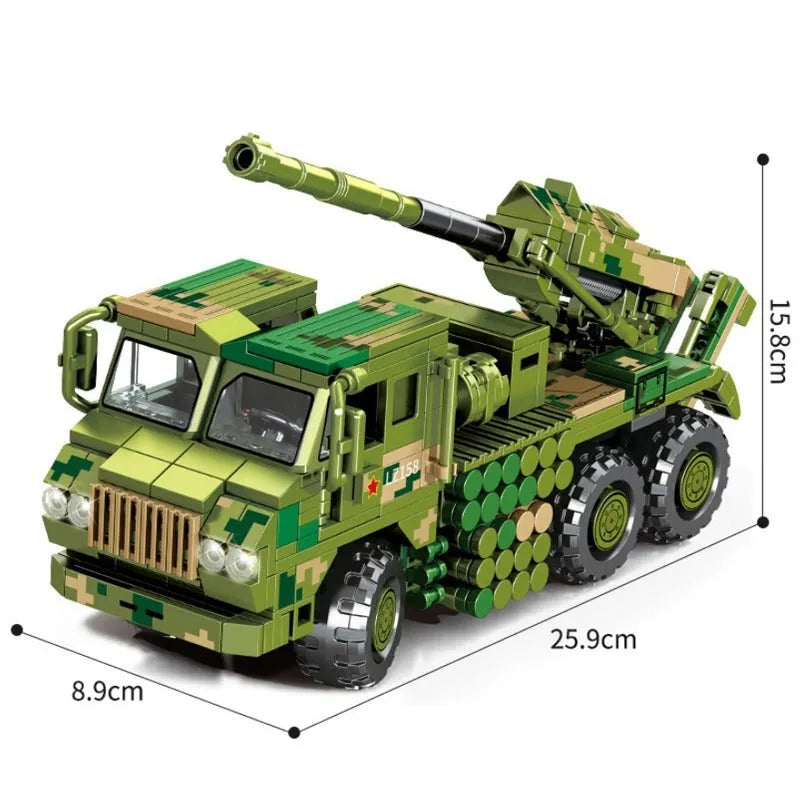Sembo MOC Building Block Set: WW2 Mounted Howitzer Canon Truck, Model 203121