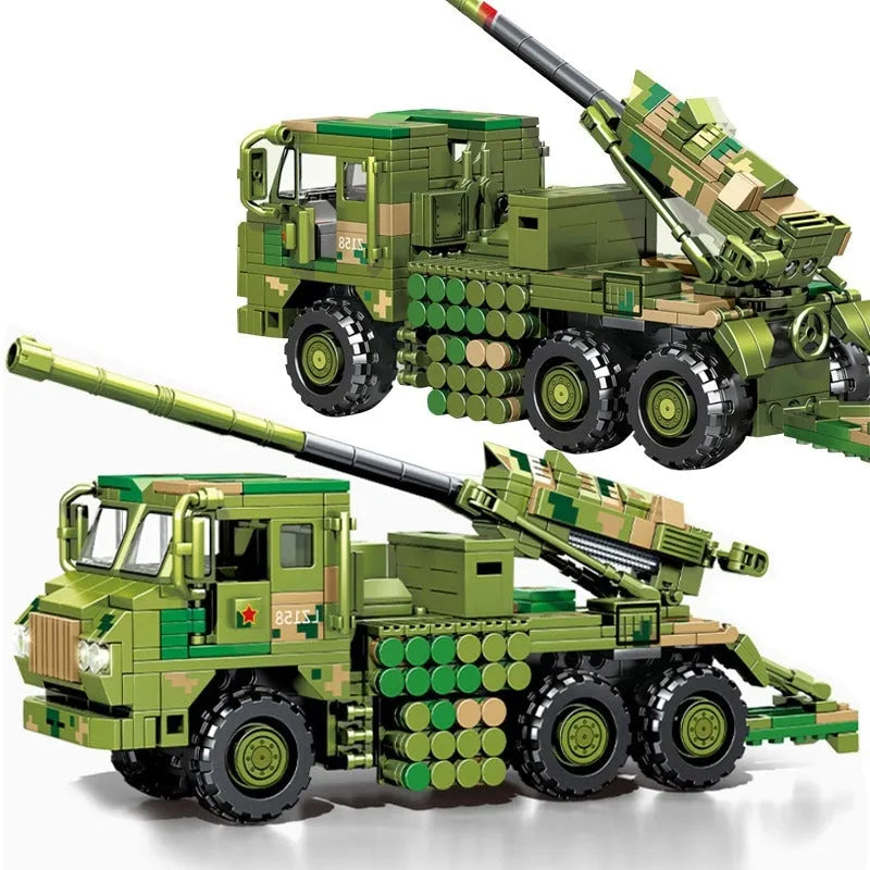 Sembo MOC Building Block Set: WW2 Mounted Howitzer Canon Truck, Model 203121