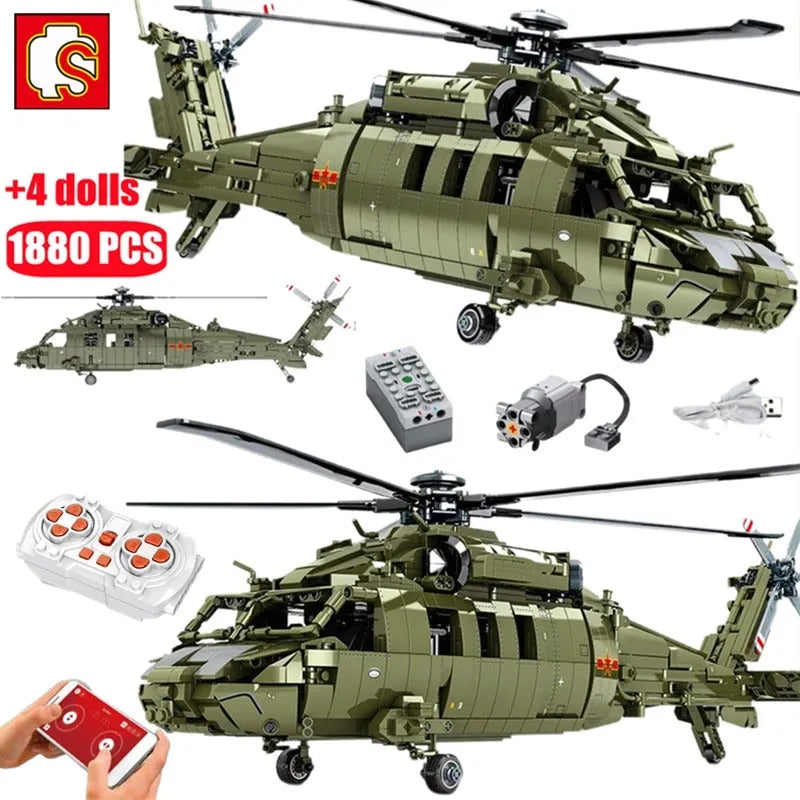Sembo MOC Motorized Building Block Set: RC Military Z-20 Attack Helicopter, Model 705992PF
