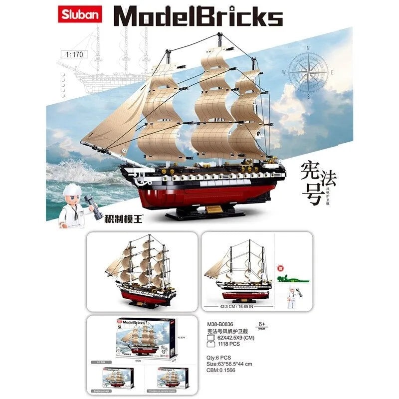 Sluban MOC Building Block Set: USS Constitution Pirate Ship, Model SB0836