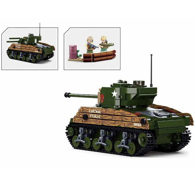 Sluban Building Block Set: WW2 Sherman M4A3 Medium Tank, Model SB1110