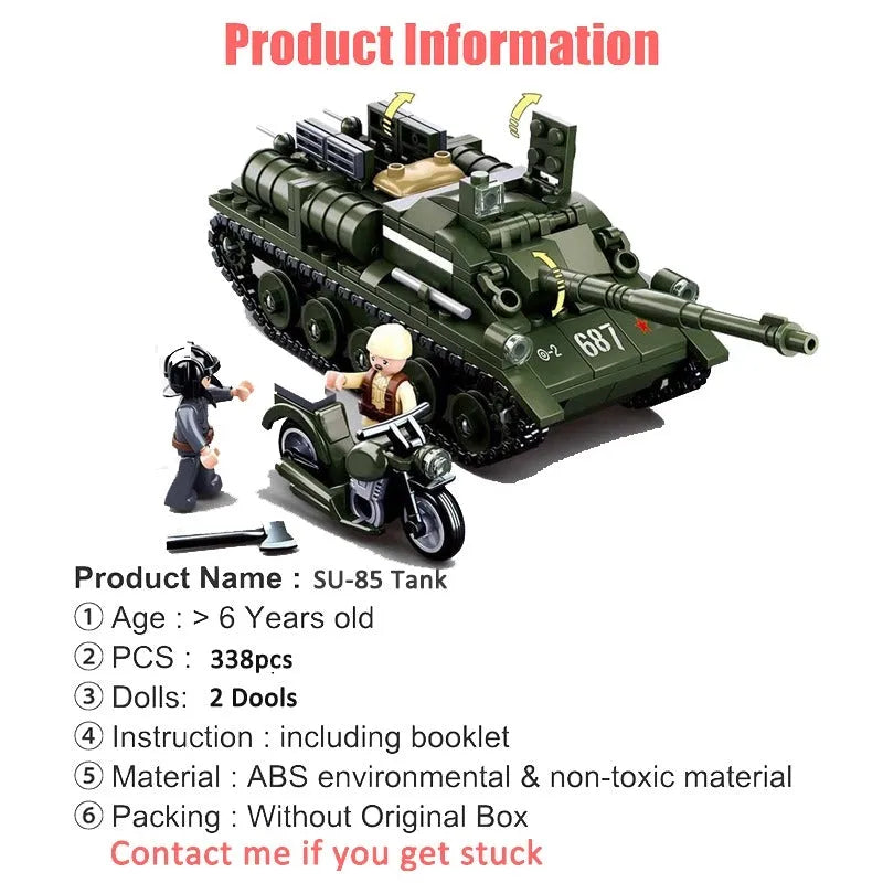 Sluban MOC Building Block Set: WW2 MOC Military SU85 Tank Destroyer, Model SB0687