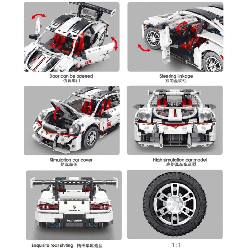 TiaGole MOC Building Block Set: Motorized RC Porsche 911 RSR Sports Car T2008, Model T2008PF