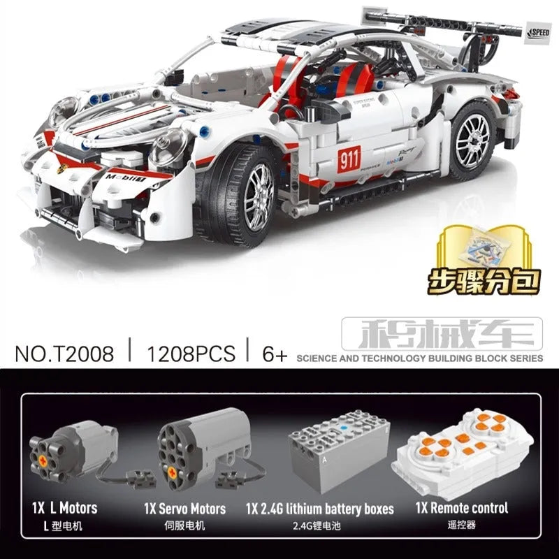 TiaGole MOC Building Block Set: Motorized RC Porsche 911 RSR Sports Car T2008, Model T2008PF
