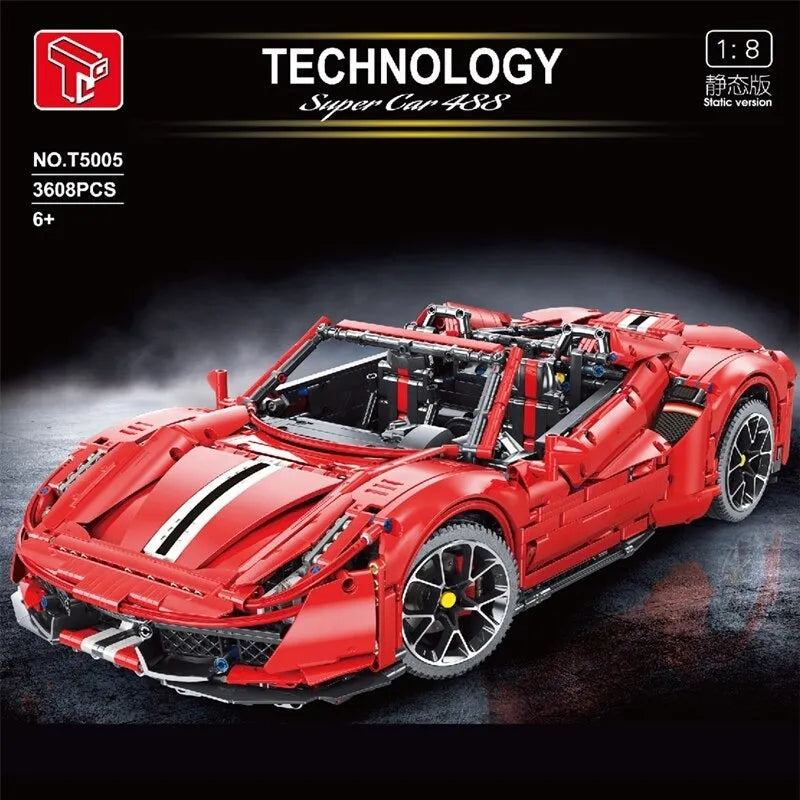 TiaGole MOC Motorized Building Block Set: T5005 Ferrari 488 Super Racing Sports Car