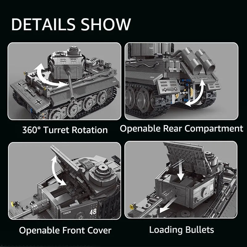 TiaGole MOC Motorized Building Block Set: WW2 Military RC APP Heavy Tiger Tank T4016