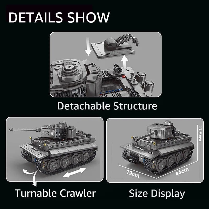 TiaGole MOC Motorized Building Block Set: WW2 Military RC APP Heavy Tiger Tank T4016