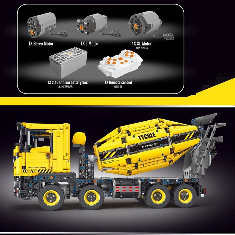 TiaGole MOC Motorized Building Block Set: APP Mechanical RC Mixer Truck T4005