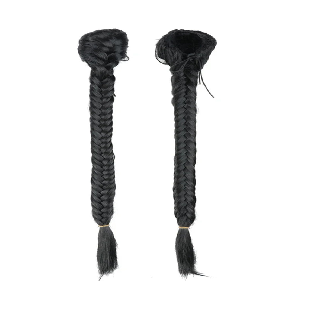 Trilumity braided fishtail ponytail in natural black 1B, front and back view showing the drawstring attachment
