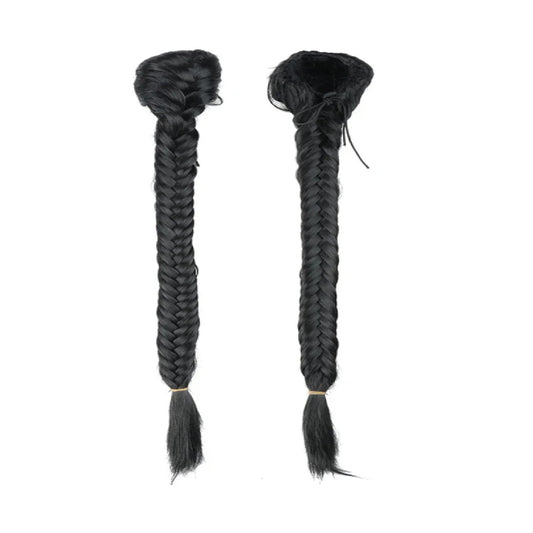 Trilumity braided fishtail ponytail in natural black 1B, front and back view showing the drawstring attachment