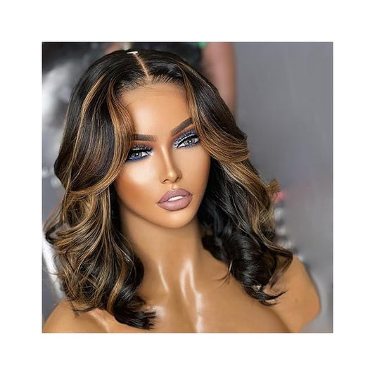 Trilumity Curly Lace Front Wig in Brown Highlights, front view on a mannequin