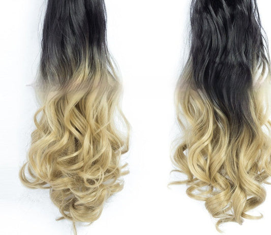Trilumity curly clip-in ponytail in black to blonde ombre, front and reverse view on white background
