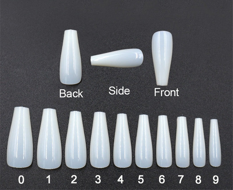 Trilumity long coffin press-on nail tips in natural, shown back side and front with the ten size gradations