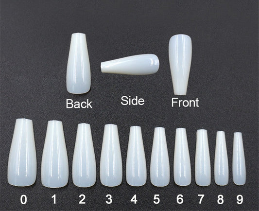Trilumity long coffin press-on nail tips in natural, shown back side and front with the ten size gradations