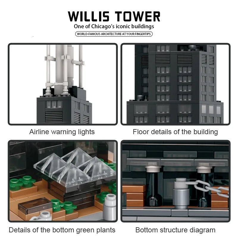 Wange MOC Building Block Set: 5228 Architecture Chicago Willis Tower