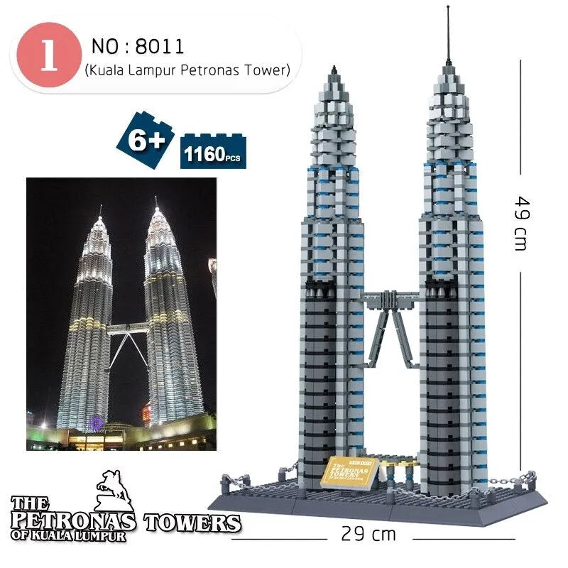 Wange MOC Building Block Set: Kuala Lumpur Petronas Tower, Model 8011