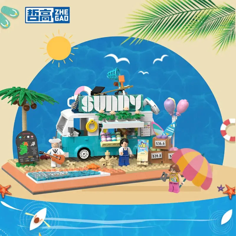 ZHEGAO MOC Building Block Set: 00415 City Summer Beach Ice Cream Truck MINI